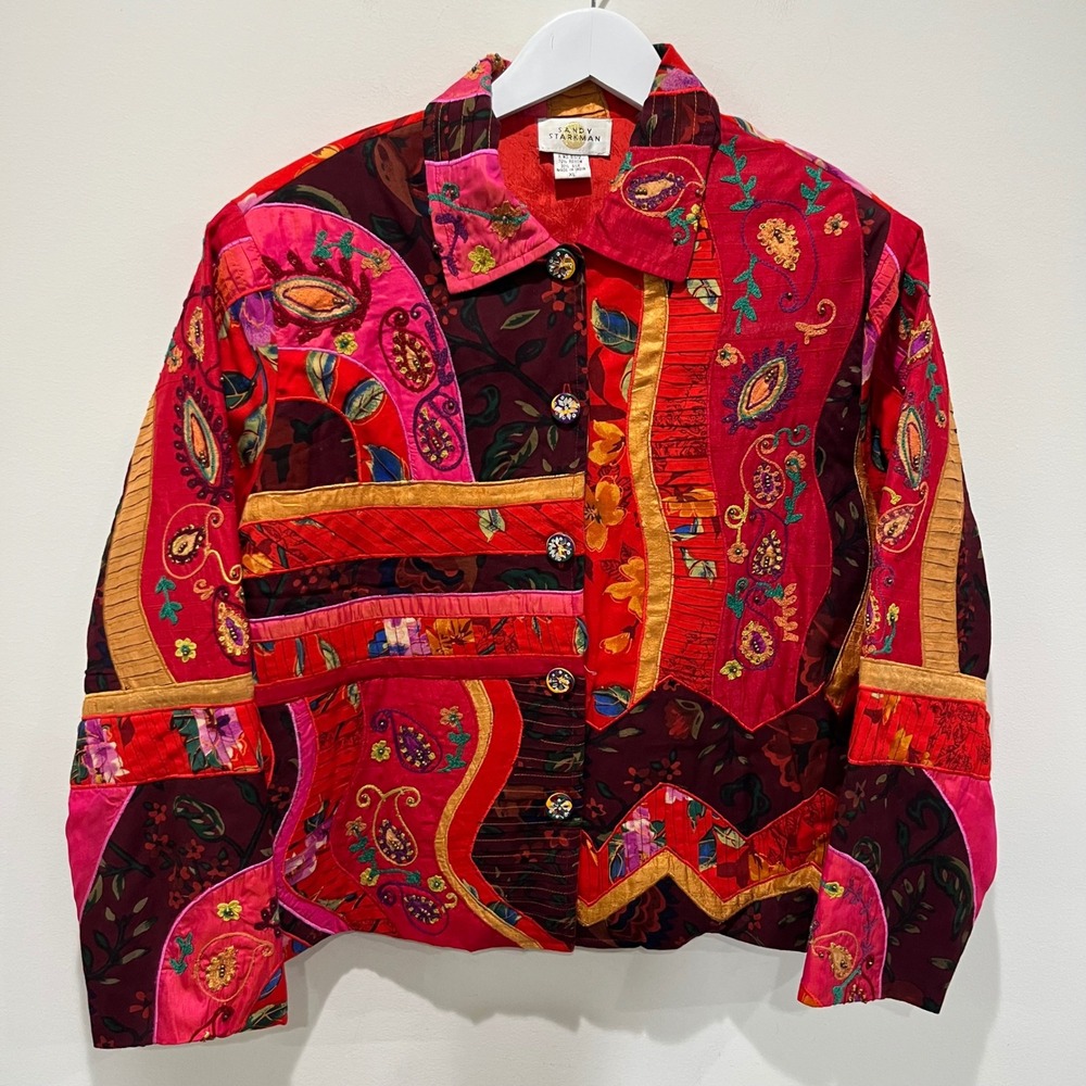Vtg Sandy Starkman Patchwork Jacket Womens XL Silk Rayon Paisley Artsy 90s